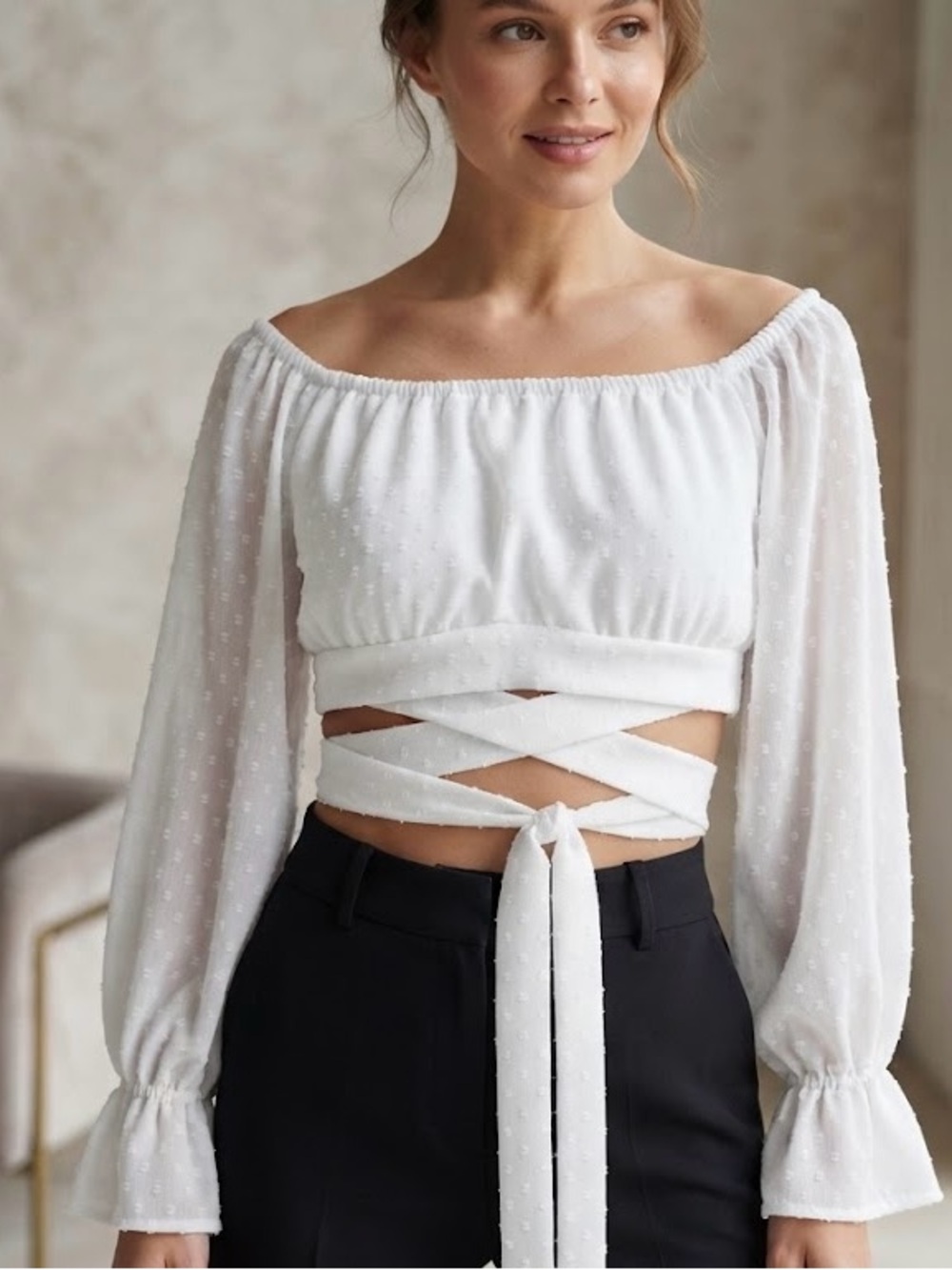 SHEIN White Swiss Dot Off-the-Shoulder Long Sleeve Crop Top w/Wrap Tie Waist L